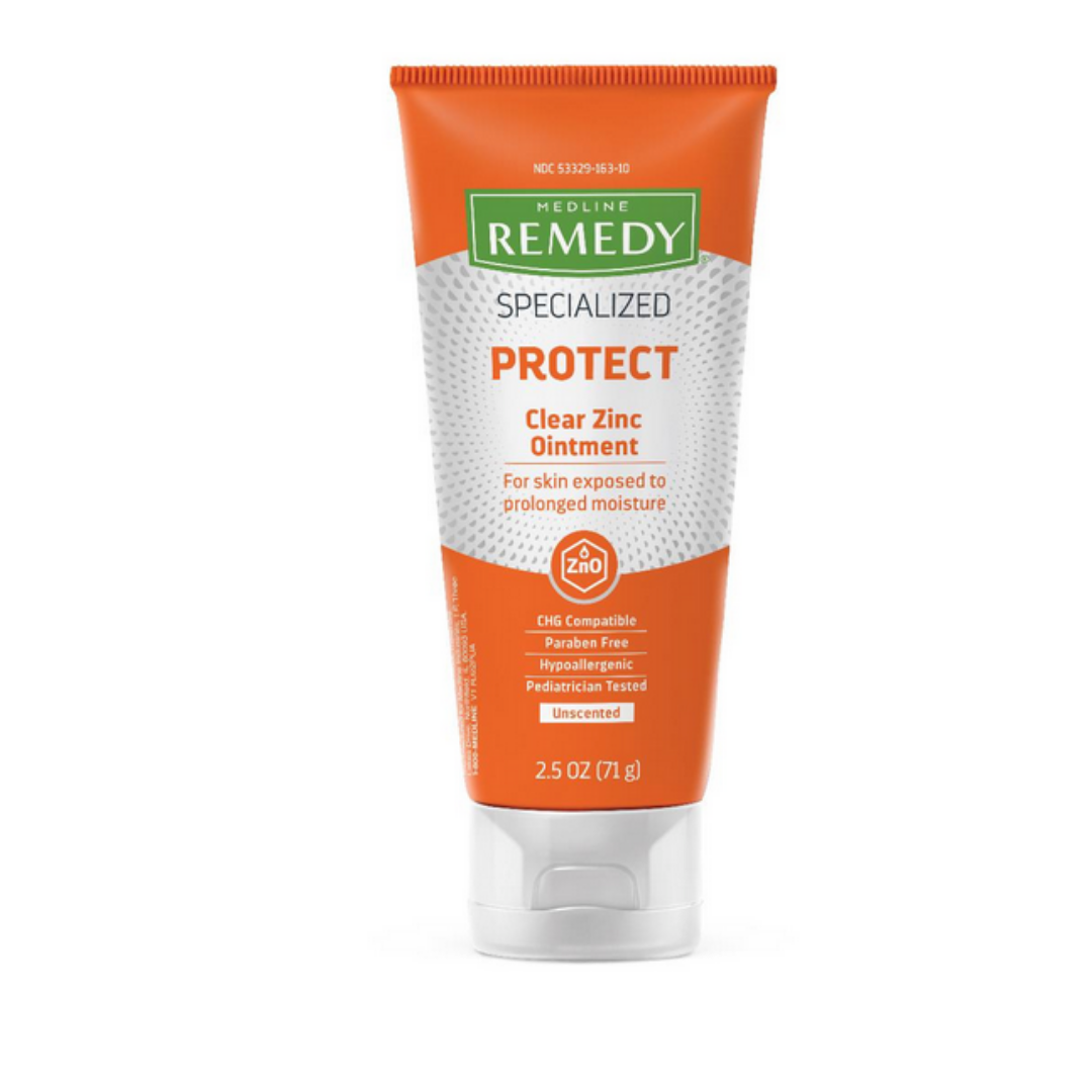 A 2.5 oz tube of Medline Remedy Specialized Clear Zinc Ointment with an orange and white label; this moisturizing, paraben-free, unscented ointment supports the skin barrier—ideal for prolonged moisture and safe for children.